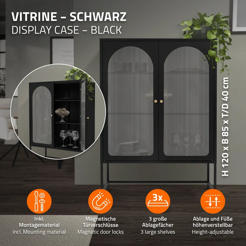 Vitrinenschrank doppeltürig 85x102x40 cm Vitrine mit 2 Einlegeböden Schwarz aus Stahl ML-Design