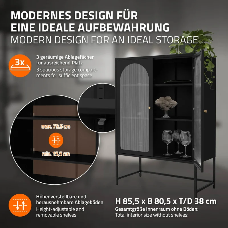 Vitrinenschrank doppeltürig 85x102x40 cm Vitrine mit 2 Einlegeböden Schwarz aus Stahl ML-Design