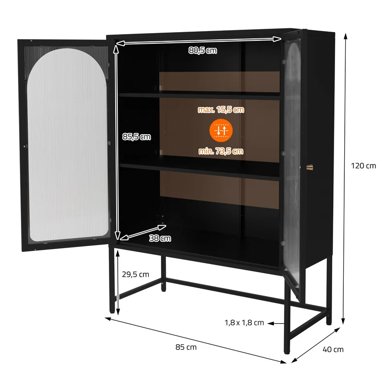 Vitrinenschrank doppeltürig 85x102x40 cm Vitrine mit 2 Einlegeböden Schwarz aus Stahl ML-Design
