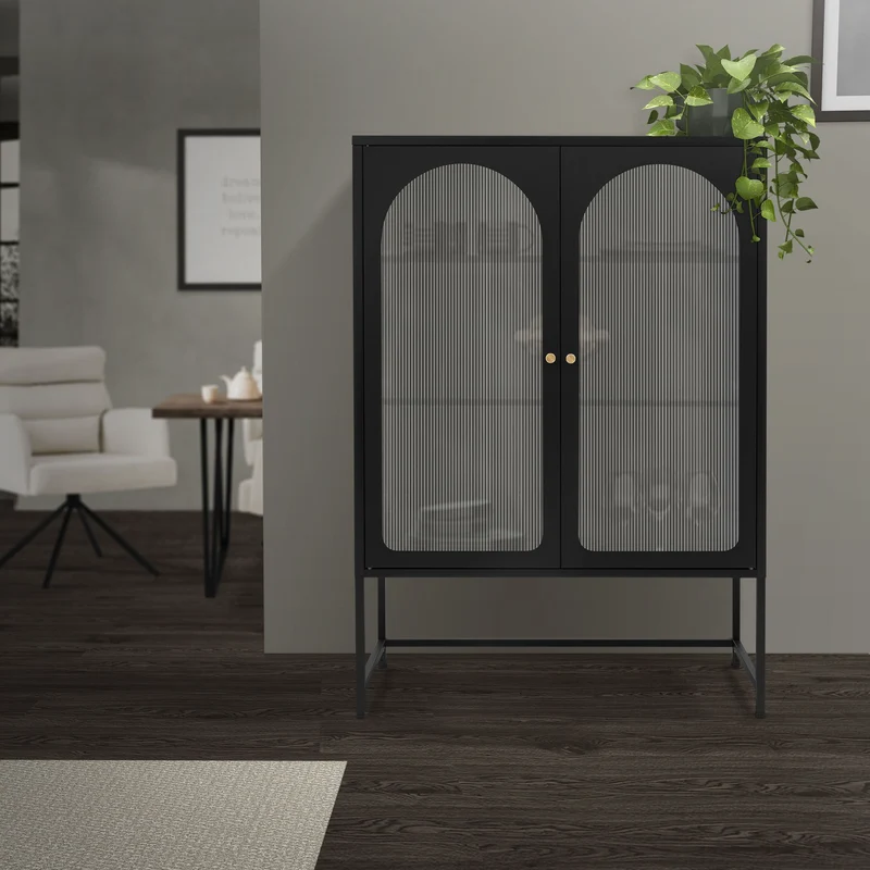 Vitrinenschrank doppeltürig 85x102x40 cm Vitrine mit 2 Einlegeböden Schwarz aus Stahl ML-Design