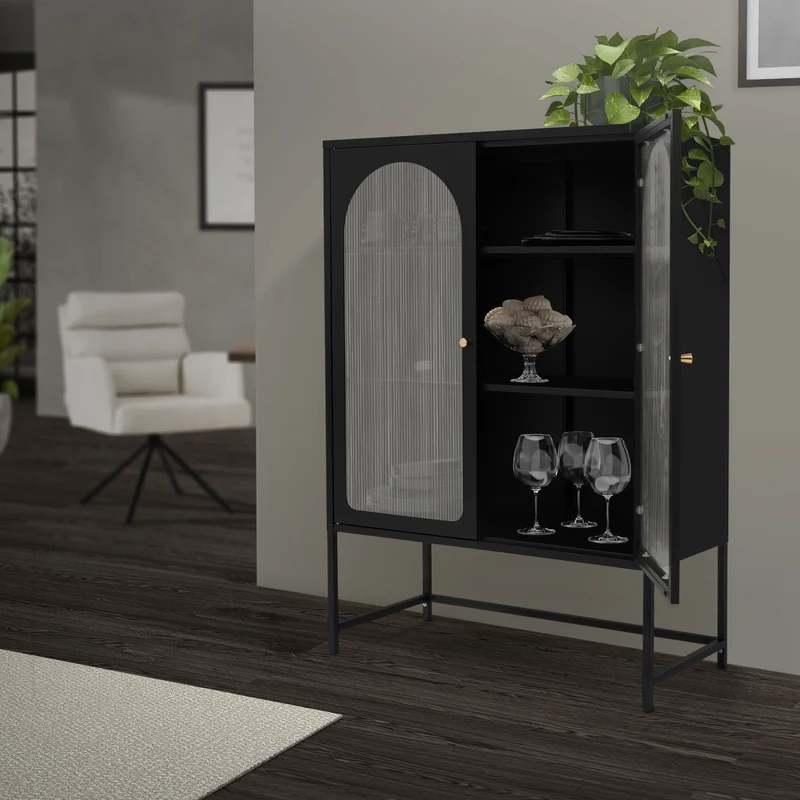 Vitrinenschrank doppeltürig 85x102x40 cm Vitrine mit 2 Einlegeböden Schwarz aus Stahl ML-Design