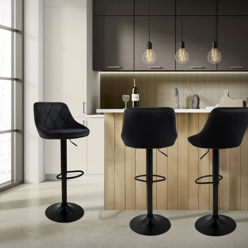 B-Ware Barhocker 2er Set Schwarz Samtbezug mit Rückenlehne und Fußstütze höhenverstellbar 62-82cm ML-Design