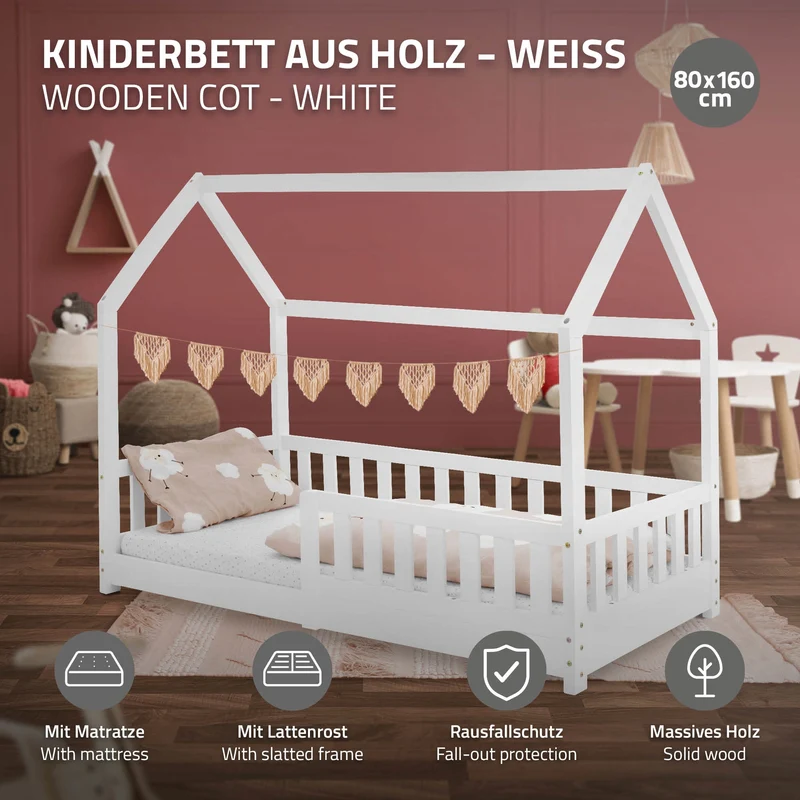 Kinderbett Hausbett 80x160 cm Weiß aus Kiefernholz inkl. Matratze H-10cm Rausfallschutz Dach und Lattenrost ML-Design