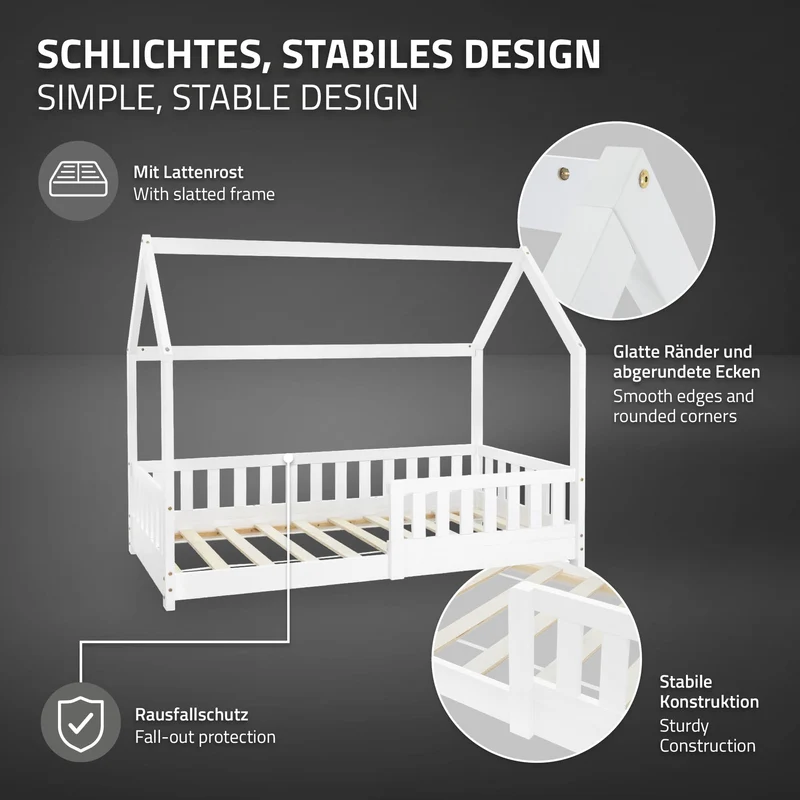 Kinderbett Hausbett 80x160 cm Weiß aus Kiefernholz inkl. Matratze H-10cm Rausfallschutz Dach und Lattenrost ML-Design