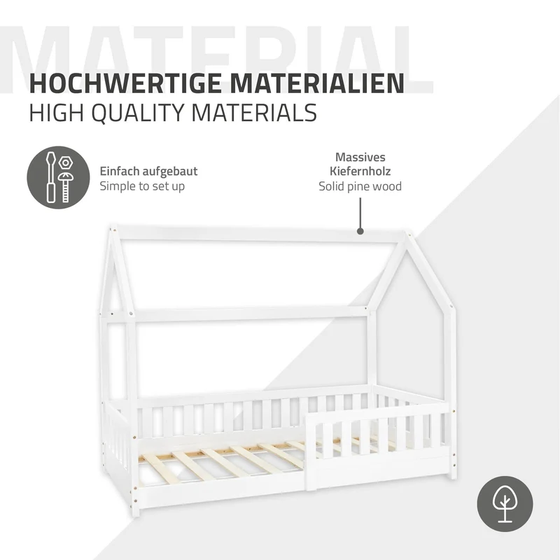 Kinderbett Hausbett 80x160 cm Weiß aus Kiefernholz inkl. Matratze H-10cm Rausfallschutz Dach und Lattenrost ML-Design