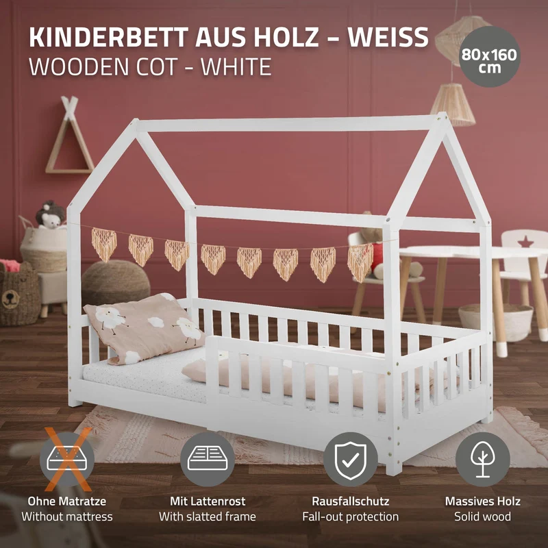 Kinderbett Hausbett 80x160 cm Weiß aus Kiefernholz mit Rausfallschutz Dach und Lattenrost Holzbett ML-Design