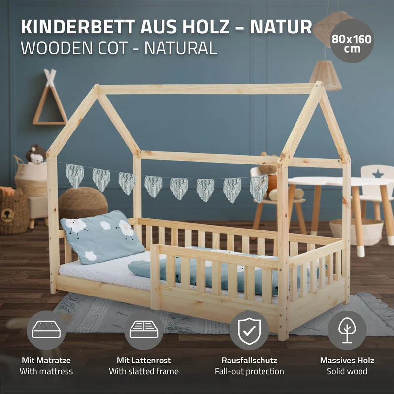 Kinderbett Hausbett 80x160 cm aus Kiefernholz inkl. Matratze H-10cm Rausfallschutz Dach und Lattenrost ML-Design