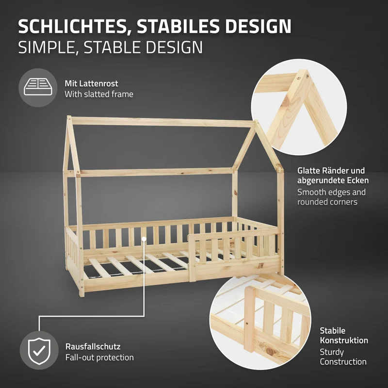 Kinderbett Hausbett 80x160 cm aus Kiefernholz inkl. Matratze H-10cm Rausfallschutz Dach und Lattenrost ML-Design