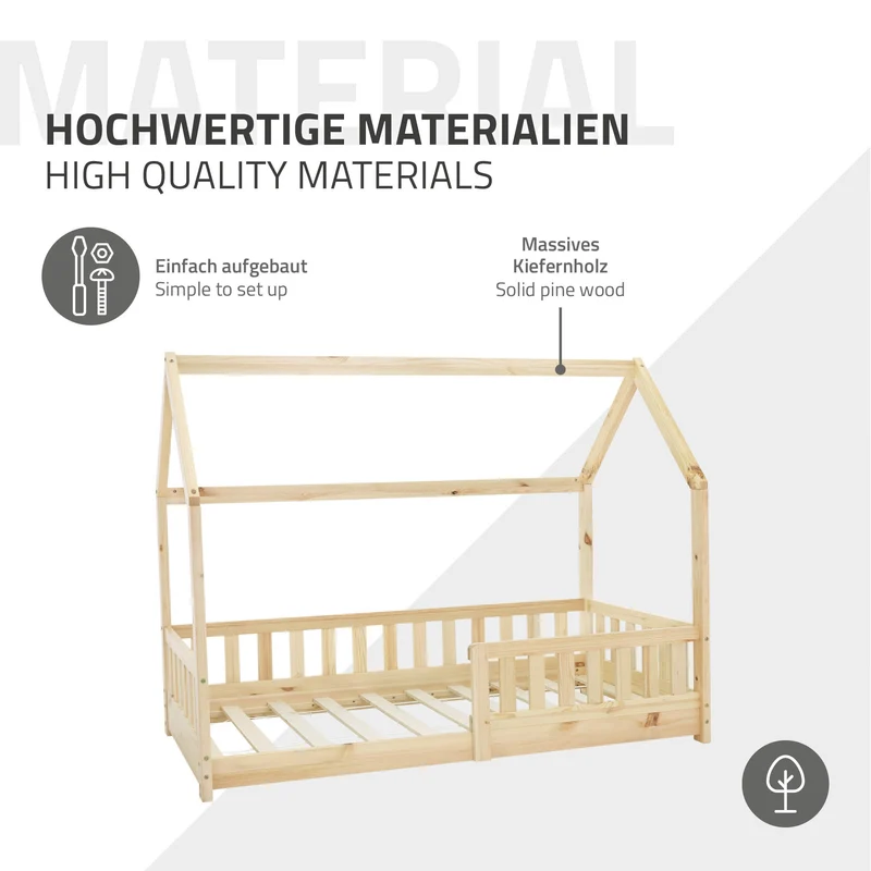 Kinderbett Hausbett 80x160 cm aus Kiefernholz inkl. Matratze H-10cm Rausfallschutz Dach und Lattenrost ML-Design