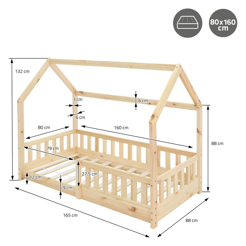 Kinderbett Hausbett 80x160 cm aus Kiefernholz inkl. Matratze H-10cm Rausfallschutz Dach und Lattenrost ML-Design