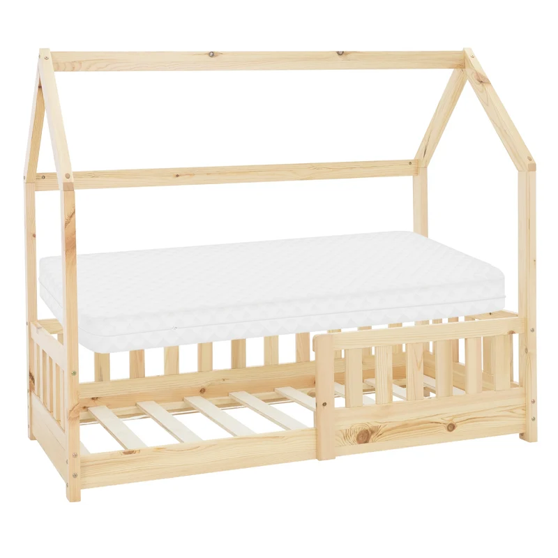 ML-Design | Kinderbett mit/ohne Matratze aus Kiefernholz Hausbett mit Rausfallschutz Dach und Lattenrost