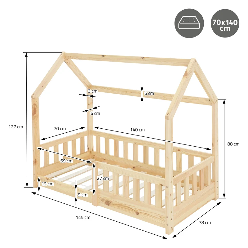 Kinderbett Hausbett 70x140 cm aus Kiefernholz inkl. Matratze H-10cm Rausfallschutz Dach und Lattenrost ML-Design
