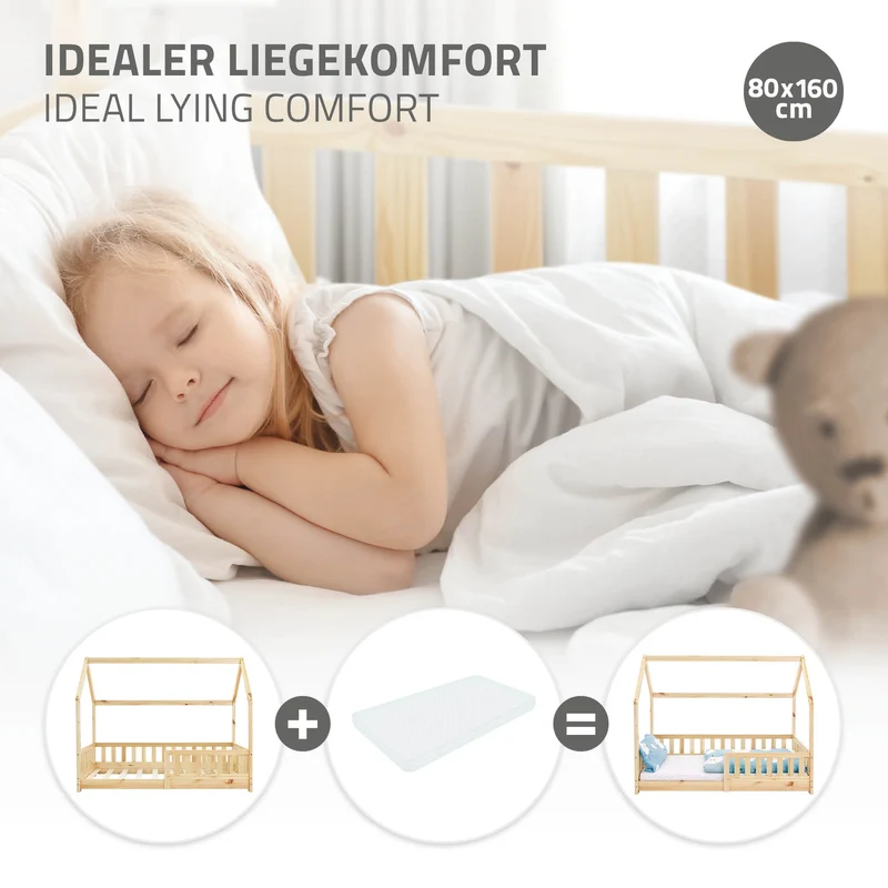 Kinderbett Hausbett 80x160 cm aus Kiefernholz mit Rausfallschutz Dach und Lattenrost Holzbett ML-Design