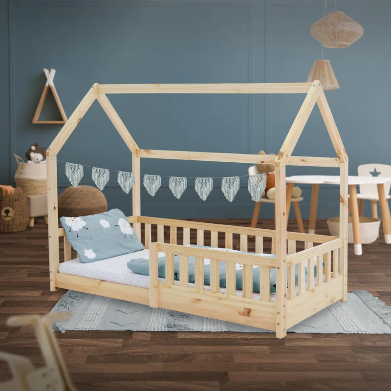 Kinderbett Hausbett 80x160 cm aus Kiefernholz mit Rausfallschutz Dach und Lattenrost Holzbett ML-Design