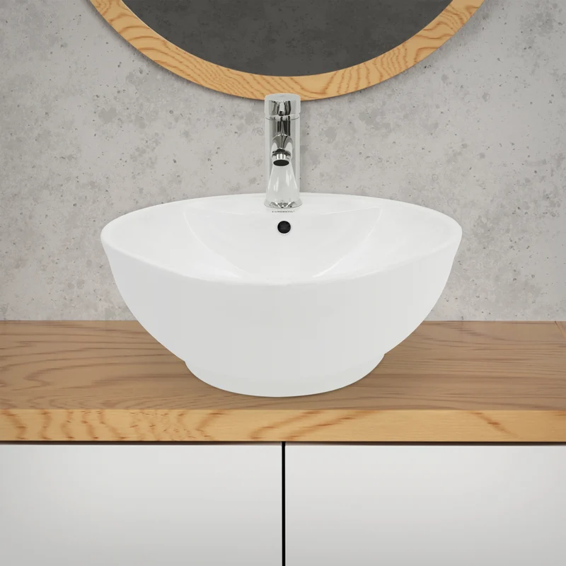 Waschbecken Rund mit Überlauf Ø 45,5x18,5 cm Weiß aus Keramik LuxeBath