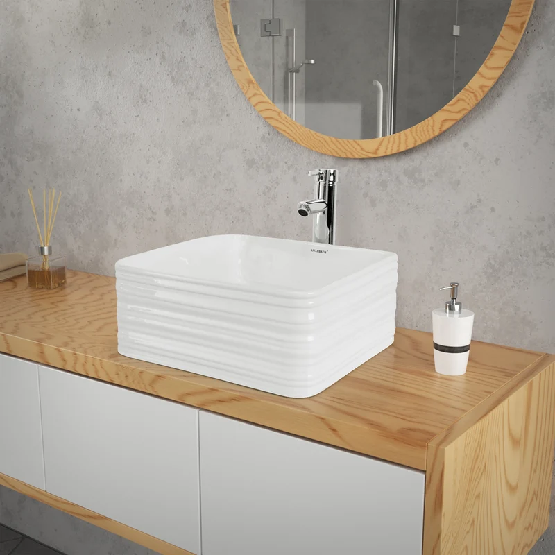 Waschbecken inkl. Ablaufgarnitur Weiß ohne Überlauf 39x39x15 cm Weiß aus Keramik LuxeBath