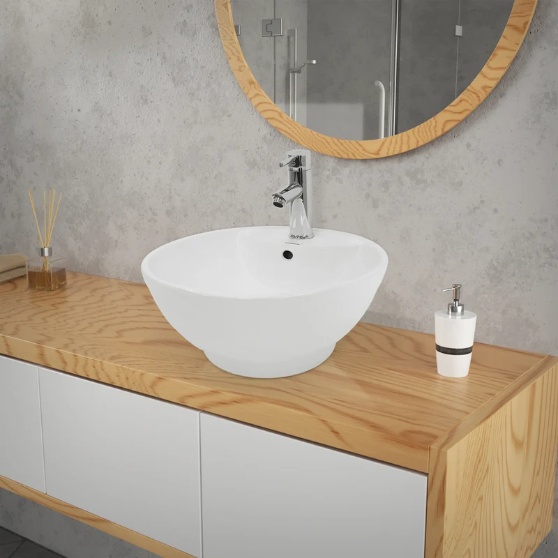 Waschbecken inkl. Ablaufgarnitur Weiß mit Überlauf Ø 45,5x18,5 cm Weiß aus Keramik LuxeBath