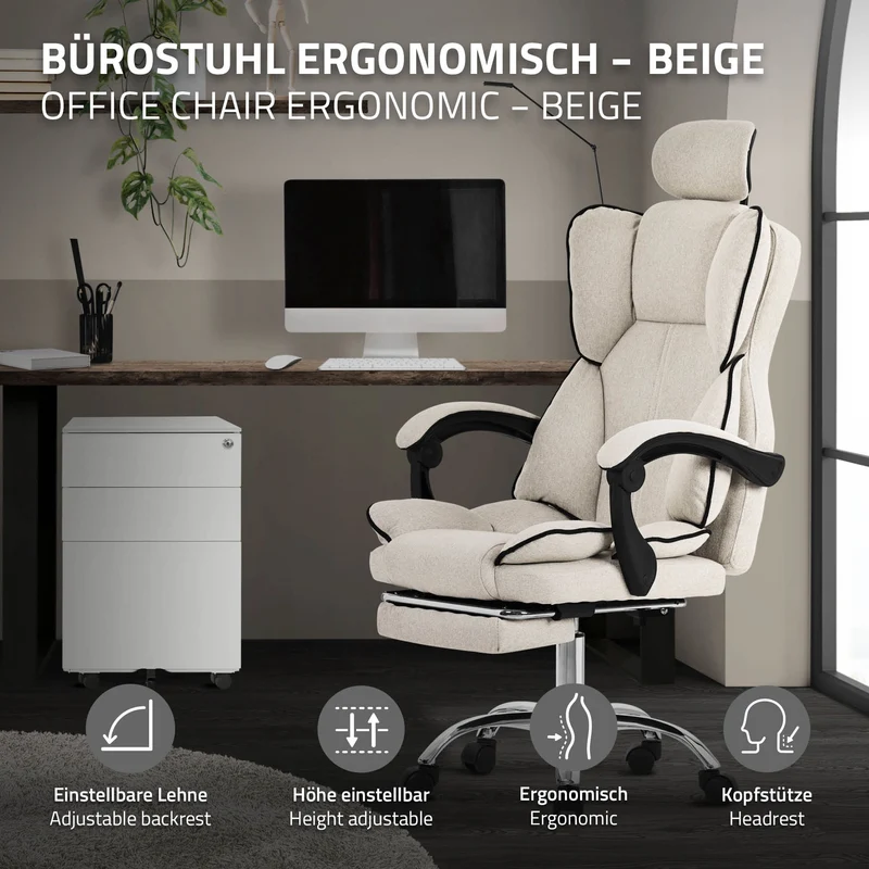 Chefsessel Bürostuhl höhenverstellbar Beige mit höhenverstellbarer Rückenlehne und Fuß-& Kopfstütze bis 120 kg ML-Design