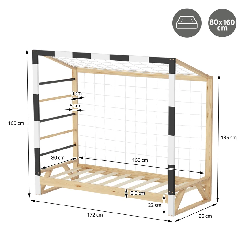 ML-Design | Kinderbett Fußballtor 80x160 cm aus massivem Kiefernholz Holzbett mit Lattenrost & Tornetz Handballtor