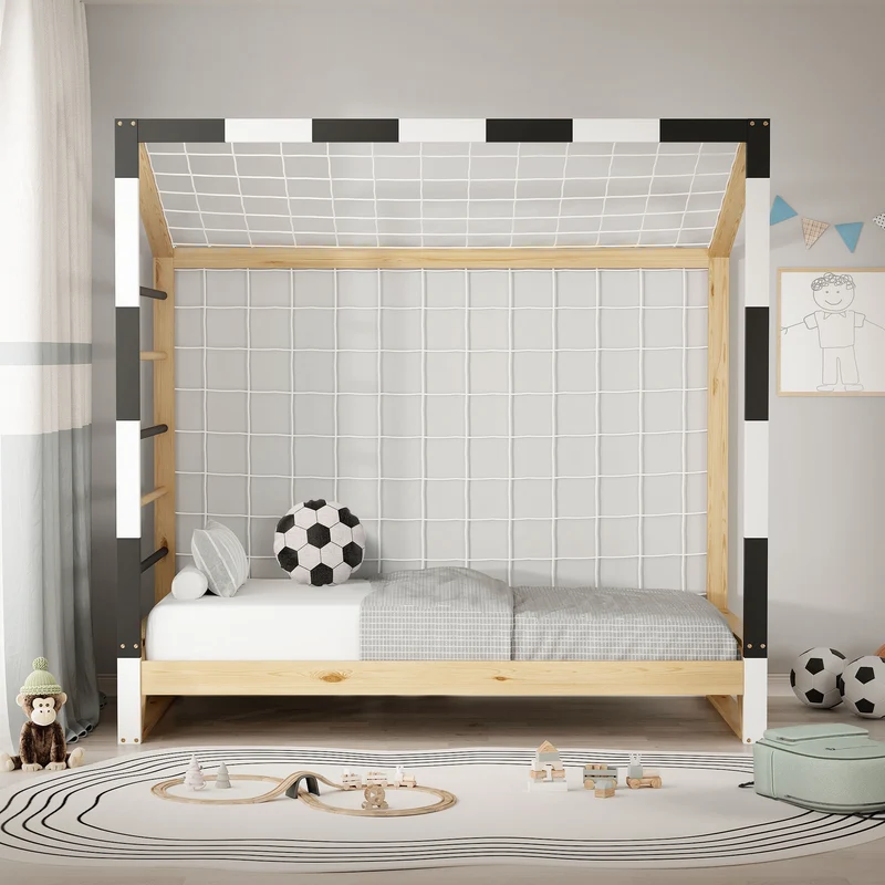 ML-Design | Kinderbett Fußballtor 80x160 cm aus massivem Kiefernholz Holzbett mit Lattenrost & Tornetz Handballtor