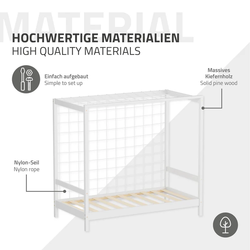Kinderbett Fußballtor 80x160 cm Weiß Einzelbett für Kinder Holzbett mit Lattenrost & Tornetz Handballtor ML-Design