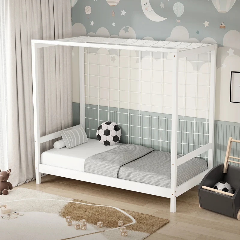 Kinderbett Fußballtor 80x160 cm Weiß Einzelbett für Kinder Holzbett mit Lattenrost & Tornetz Handballtor ML-Design