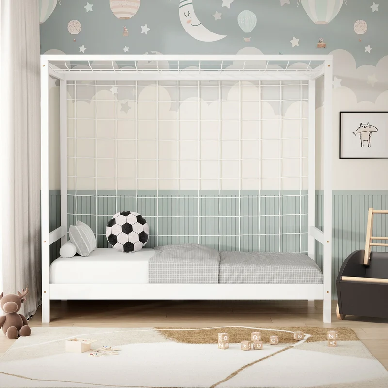 Kinderbett Fußballtor 80x160 cm Weiß Einzelbett für Kinder Holzbett mit Lattenrost & Tornetz Handballtor ML-Design