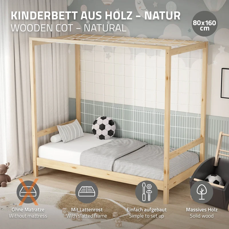 Kinderbett Fußballtor 80x160 cm Natur Einzelbett für Kinder Holzbett mit Lattenrost & Tornetz Handballtor ML-Design