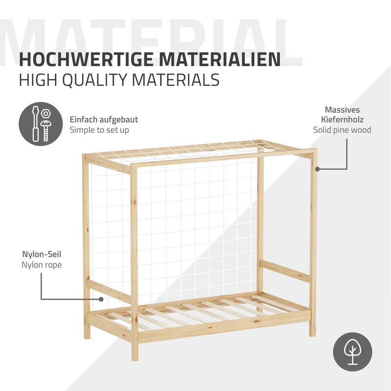 Kinderbett Fußballtor 80x160 cm Natur Einzelbett für Kinder Holzbett mit Lattenrost & Tornetz Handballtor ML-Design