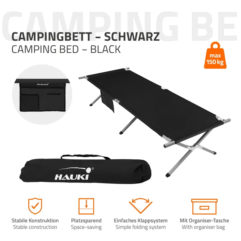 Campingbett Feldbett klappbar 210x83x46 cm Schwarz mit Tragetasche bis 150 kg Hauki