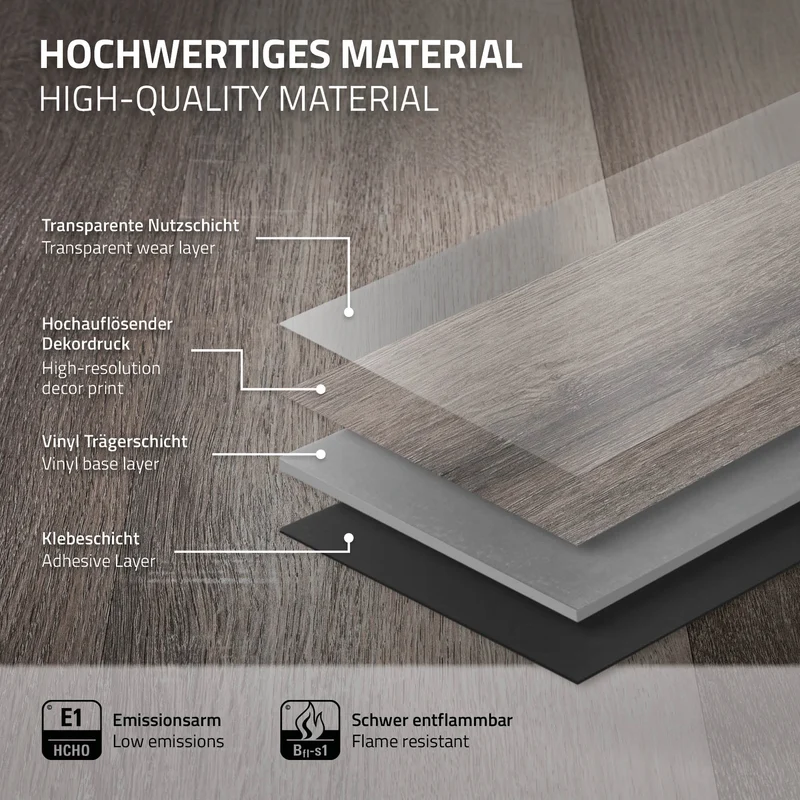 4er Set Deluxe PVC Klebevinylboden für 2,23 m² Kiefer Grau 2 mm dick ML-Design