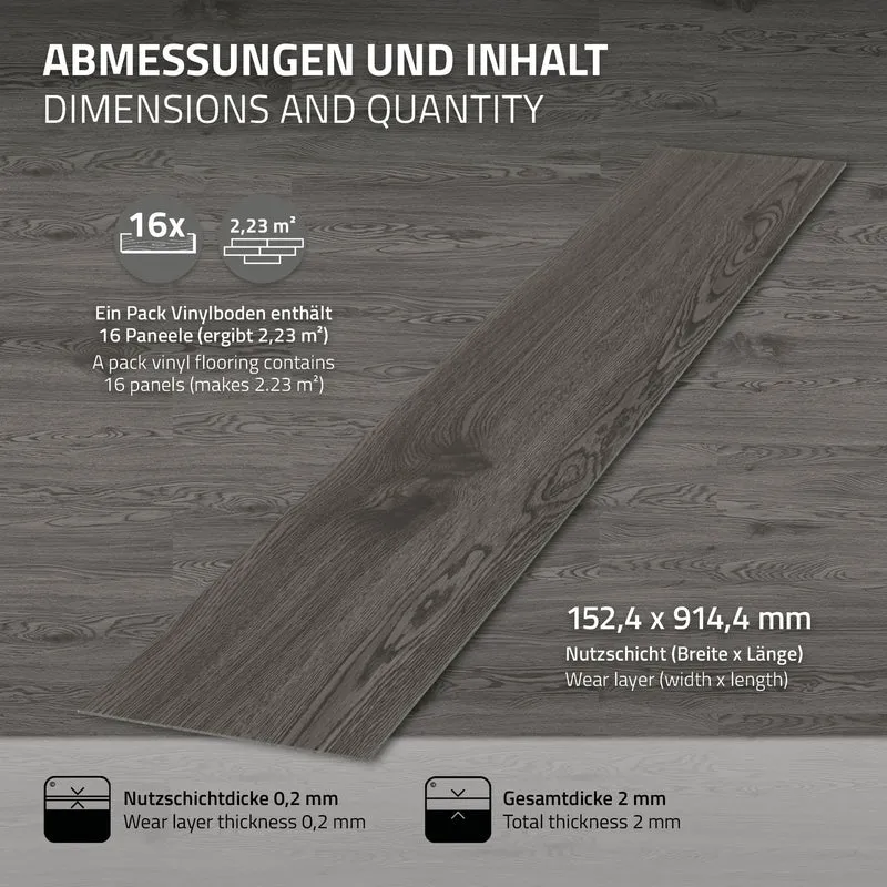 3er Set Deluxe PVC Klebevinylboden für 2,23 m² Eiche Grau 2 mm dick ML-Design