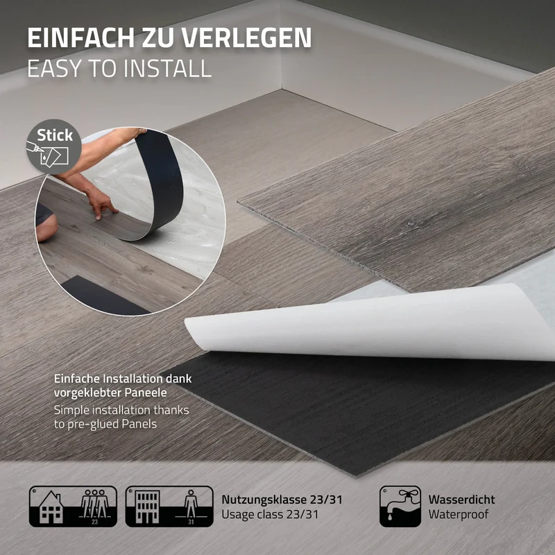 3er Set Deluxe PVC Klebevinylboden für 2,23 m² Kiefer Grau 2 mm dick ML-Design