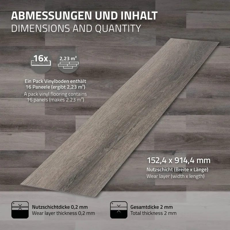 2er Set Deluxe PVC Klebevinylboden für 2,23 m² Kiefer Grau 2 mm dick ML-Design