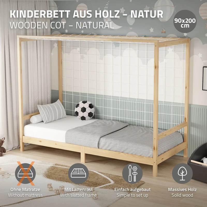 Kinderbett Fußballtor 90x200 cm Natur Einzelbett für Kinder Holzbett mit Lattenrost & Tornetz Handballtor ML-Design