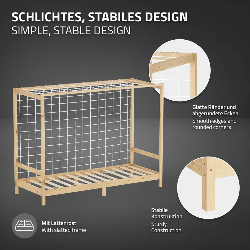 Kinderbett Fußballtor 90x200 cm Natur Einzelbett für Kinder Holzbett mit Lattenrost & Tornetz Handballtor ML-Design