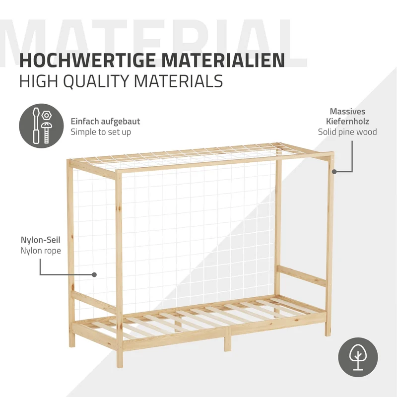 Kinderbett Fußballtor 90x200 cm Natur Einzelbett für Kinder Holzbett mit Lattenrost & Tornetz Handballtor ML-Design