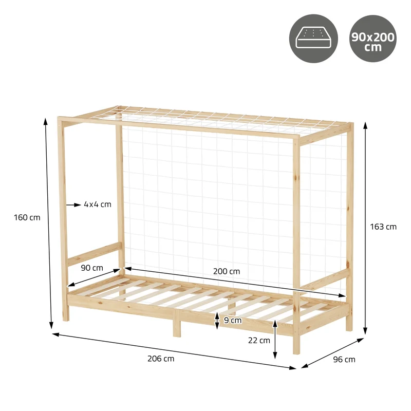 Kinderbett Fußballtor 90x200 cm Natur Einzelbett für Kinder Holzbett mit Lattenrost & Tornetz Handballtor ML-Design