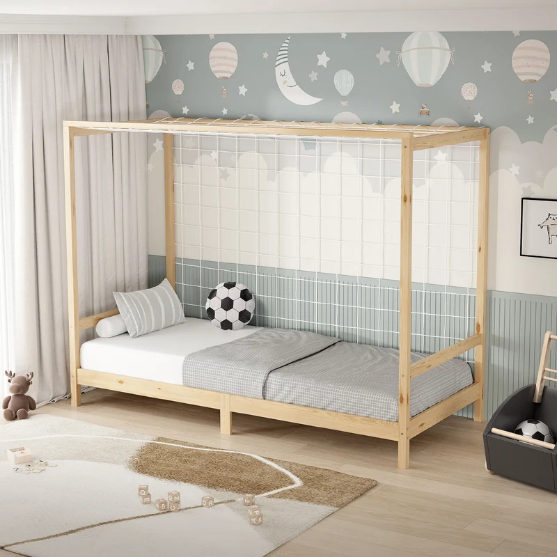 Kinderbett Fußballtor 90x200 cm Natur Einzelbett für Kinder Holzbett mit Lattenrost & Tornetz Handballtor ML-Design