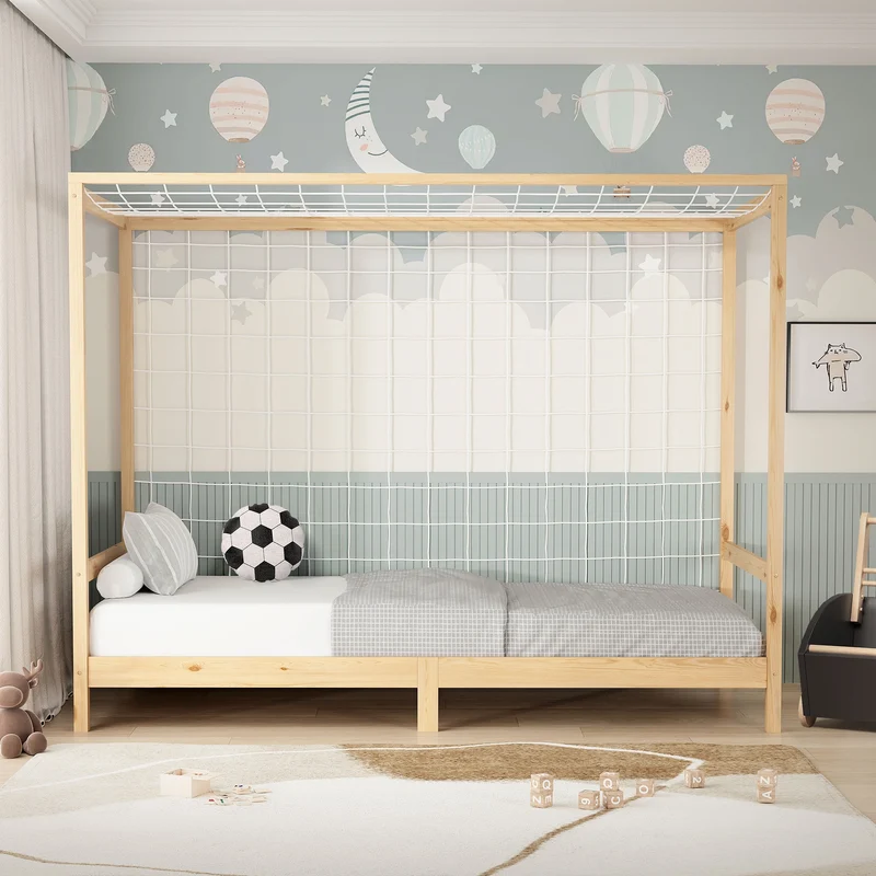 Kinderbett Fußballtor 90x200 cm Natur Einzelbett für Kinder Holzbett mit Lattenrost & Tornetz Handballtor ML-Design