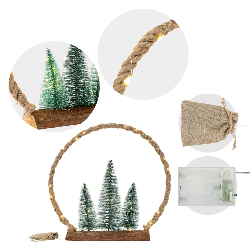 LED Jute Kreis 45x45x9,5 cm aus Seil mit 45 warmweißen LEDs 3 Tannen Jutesäckchen Batterien Timer