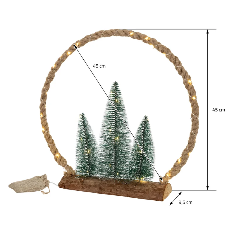 LED Jute Kreis 45x45x9,5 cm aus Seil mit 45 warmweißen LEDs 3 Tannen Jutesäckchen Batterien Timer