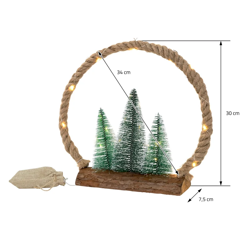 LED Jute Kreis 34x30x7.5 cm aus Seil mit 30 warmweißen LEDs 3 Tannen Jutesäckchen Batterien Timer