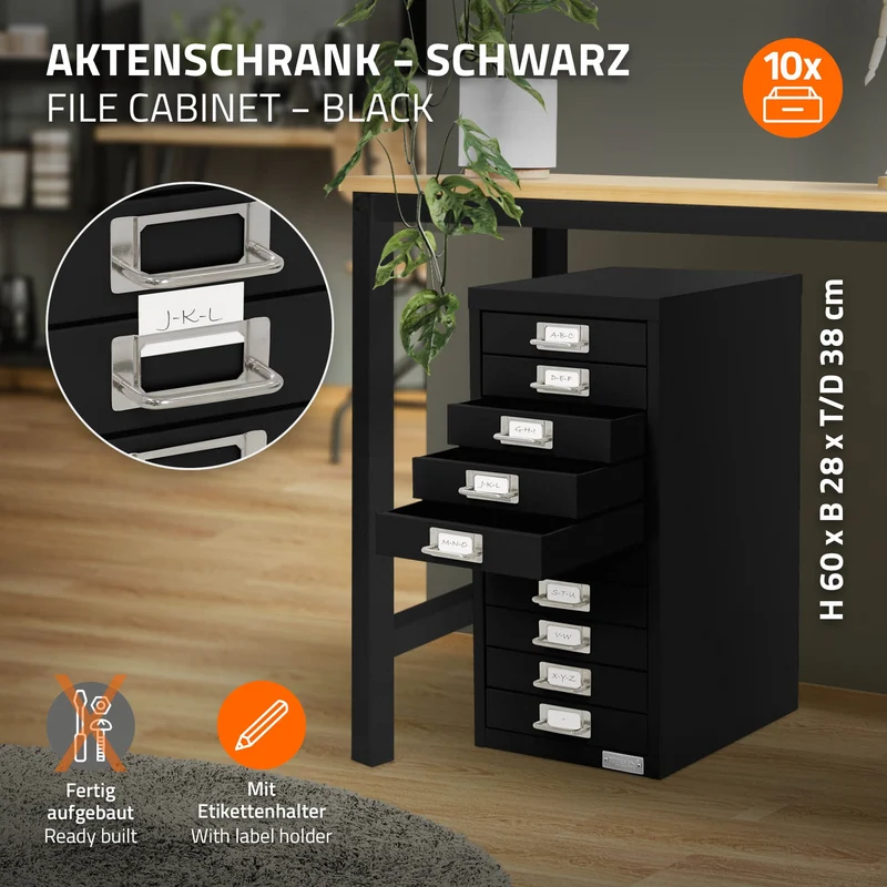 Aktenschrank mit 10 Schubladen 28x38x60 cm Schwarz aus Metall ML-Design