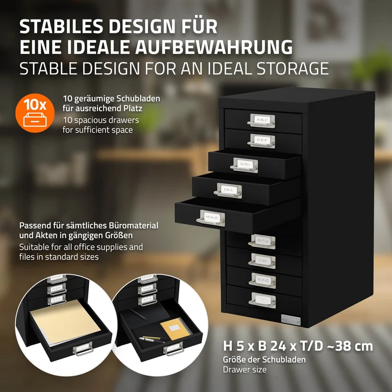 Aktenschrank mit 10 Schubladen 28x38x60 cm Schwarz aus Metall ML-Design