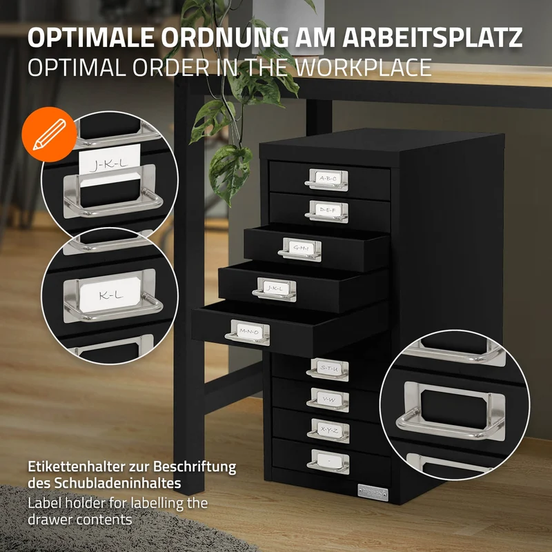 Aktenschrank mit 10 Schubladen 28x38x60 cm Schwarz aus Metall ML-Design