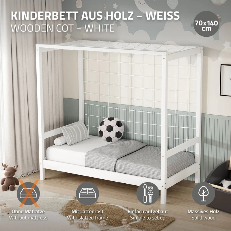 Kinderbett Fußballtor 70x140 cm Weiß Einzelbett für Kinder Holzbett mit Lattenrost & Tornetz Handballtor ML-Design