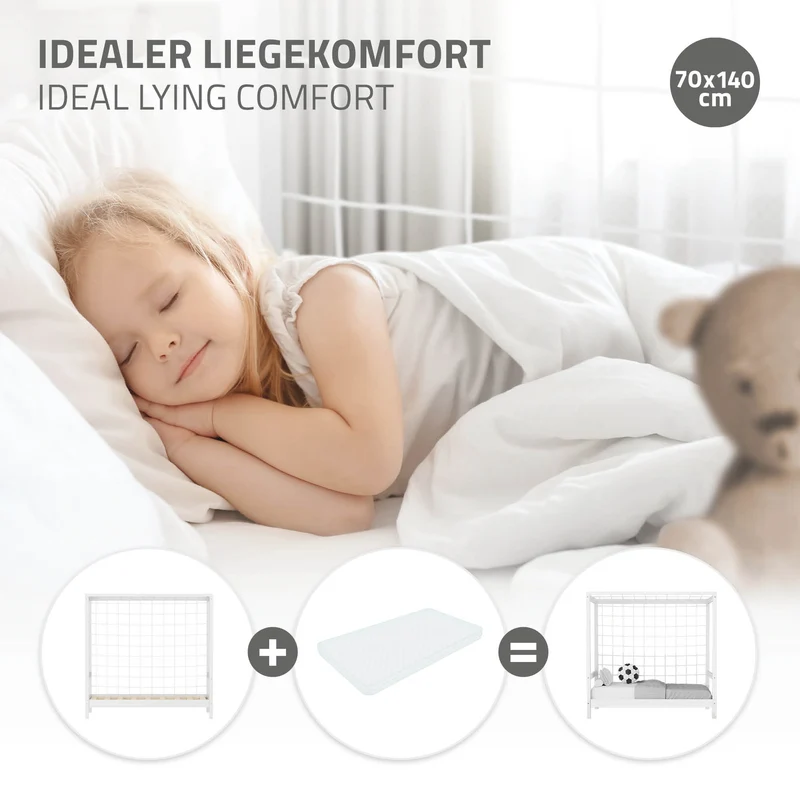 Kinderbett Fußballtor 70x140 cm Weiß Einzelbett für Kinder Holzbett mit Lattenrost & Tornetz Handballtor ML-Design