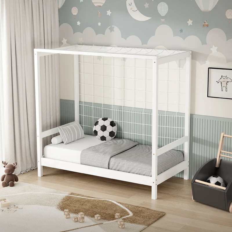 Kinderbett Fußballtor 70x140 cm Weiß Einzelbett für Kinder Holzbett mit Lattenrost & Tornetz Handballtor ML-Design