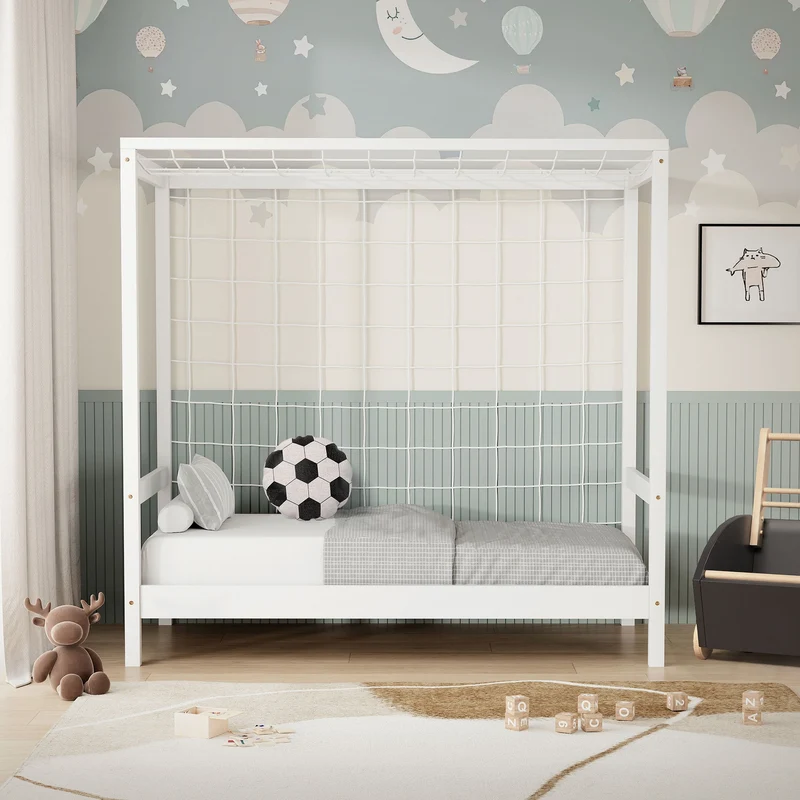 Kinderbett Fußballtor 70x140 cm Weiß Einzelbett für Kinder Holzbett mit Lattenrost & Tornetz Handballtor ML-Design